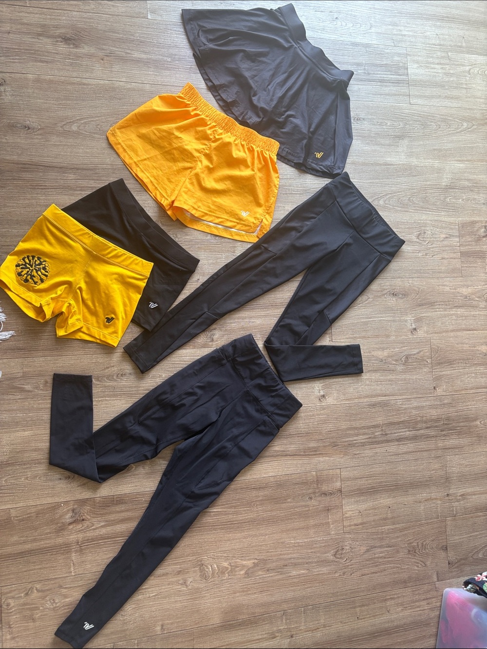 Varsity Brand Workout bundle 2- Black Leggings, 2 bike shorts, 1 short, 1 skort